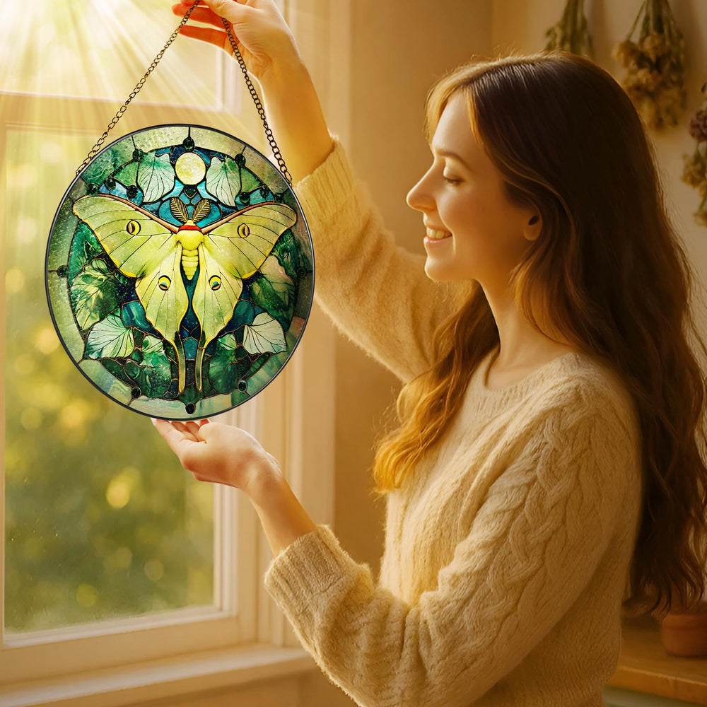 Side view of LAOWEIKI Luna Moth Stained Glass Suncatcher
