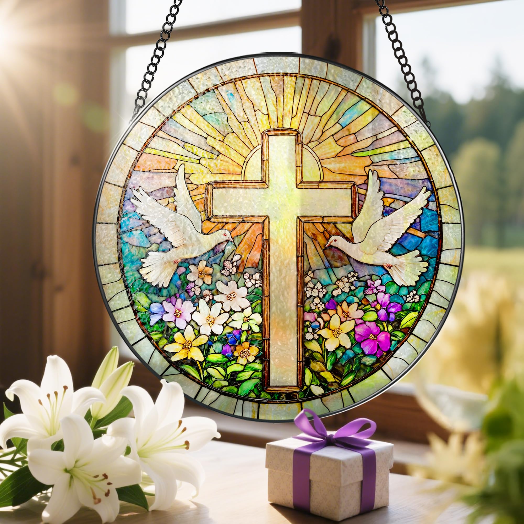Side view of LAOWEIKI stained glass suncatcher displaying intricate design
