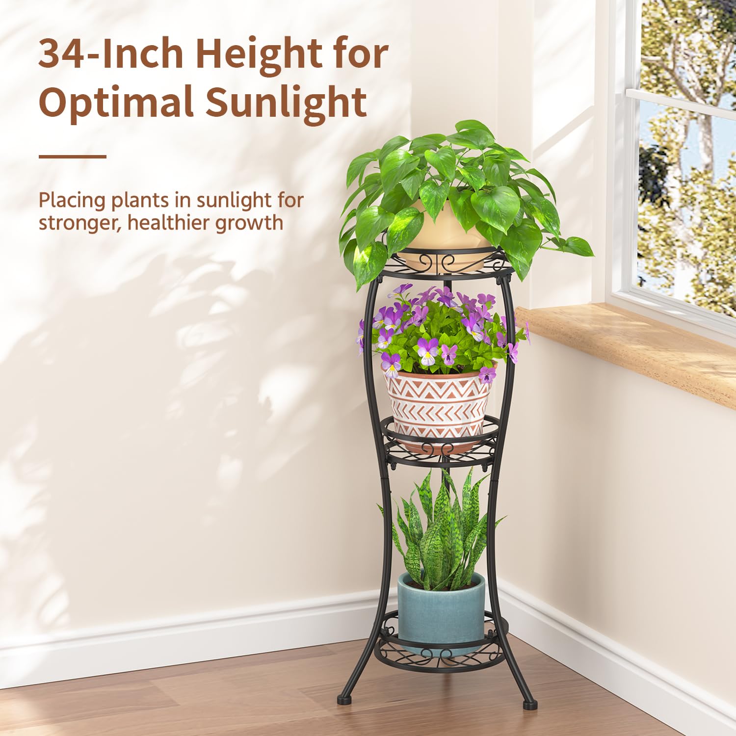 Side view of LASZOLA 3-Tier Metal Corner Plant Stand with plants