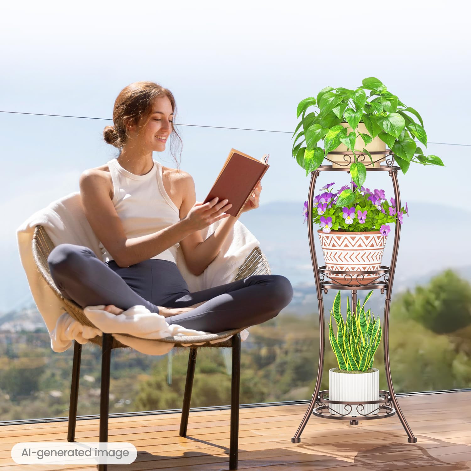 Side view of LASZOLA 3-Tier Plant Stand with plants