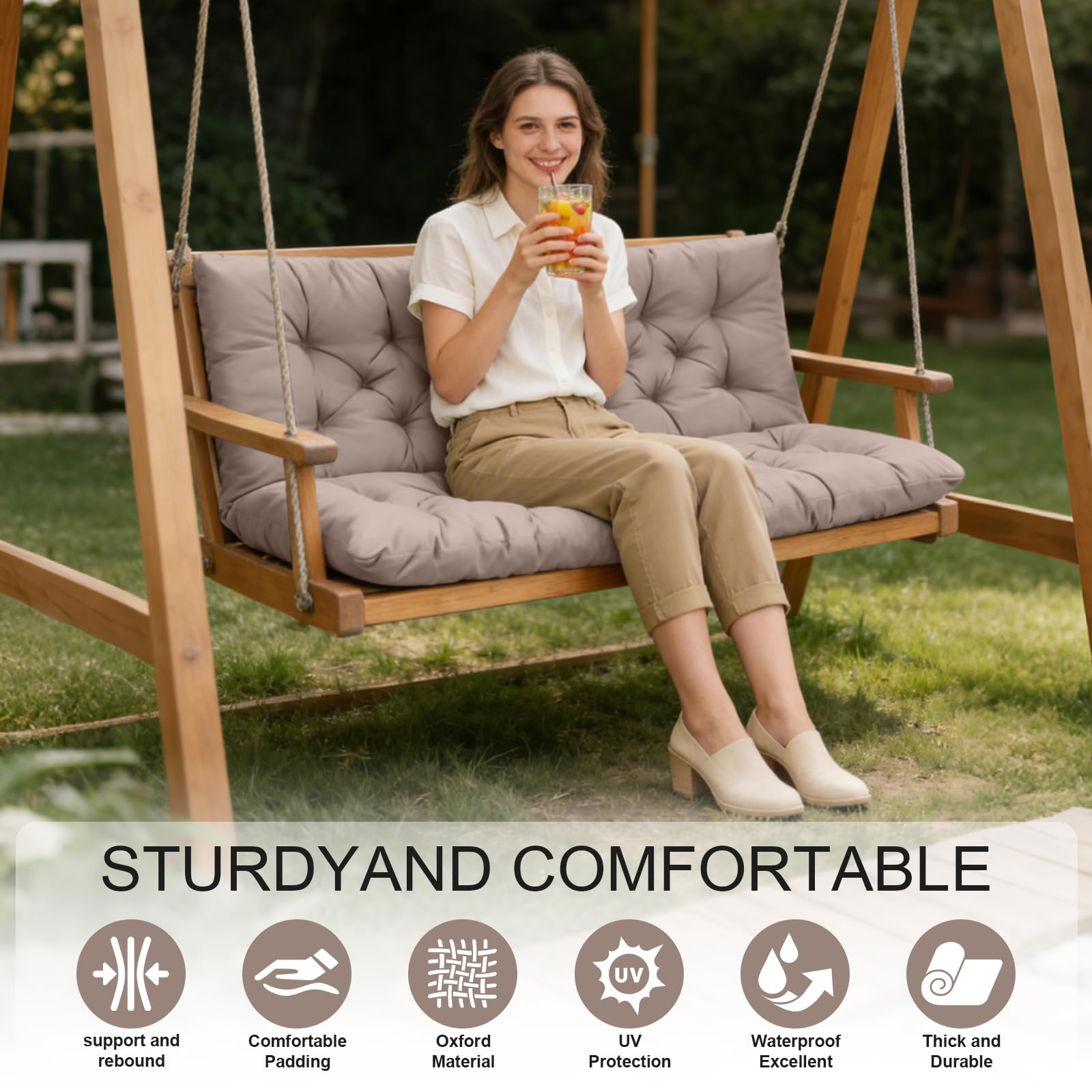 Side view of LCYY.TG Porch Swing Cushion on patio