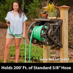 Side view of Liberty Garden Wall Mounted Hose Reel with attached garden hose