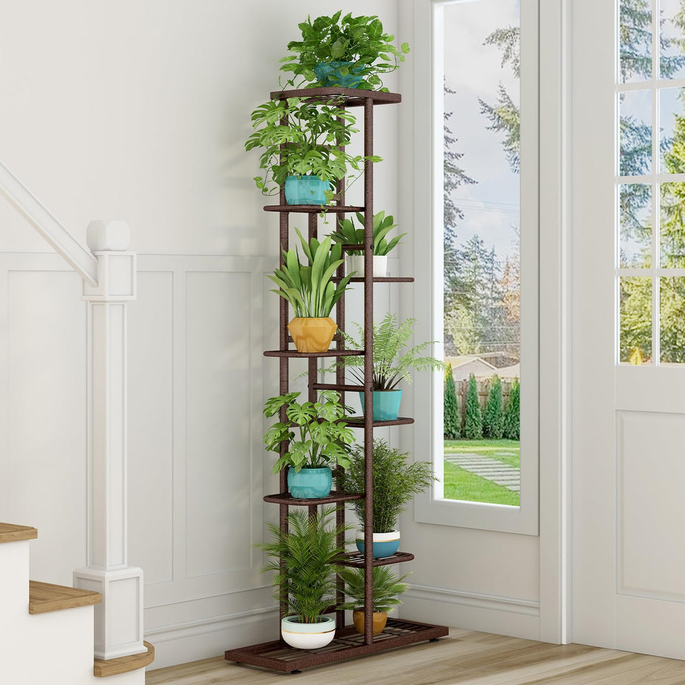 Side view of LINZINAR 8 Tier Metal Plant Stand displaying flowers