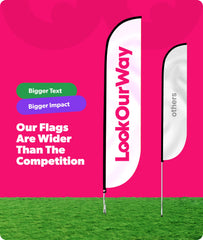 Side view of LookOurWay Feather Flag Banner in blue and white