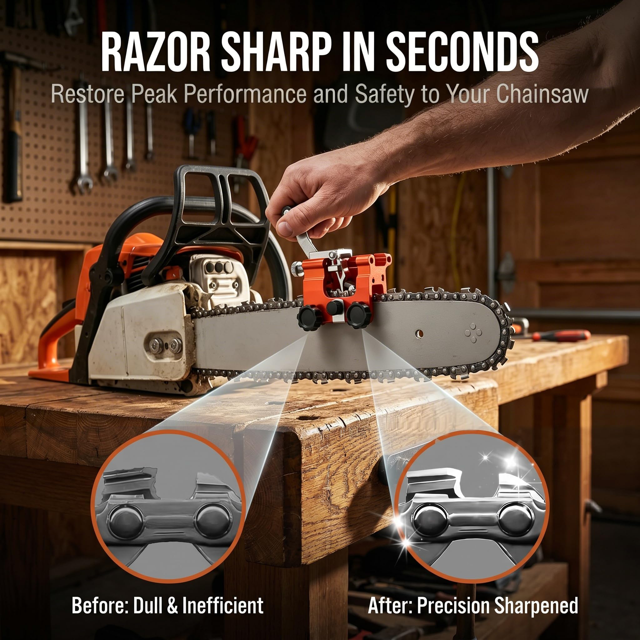 Side view of LOQOMI Chainsaw Sharpener in use