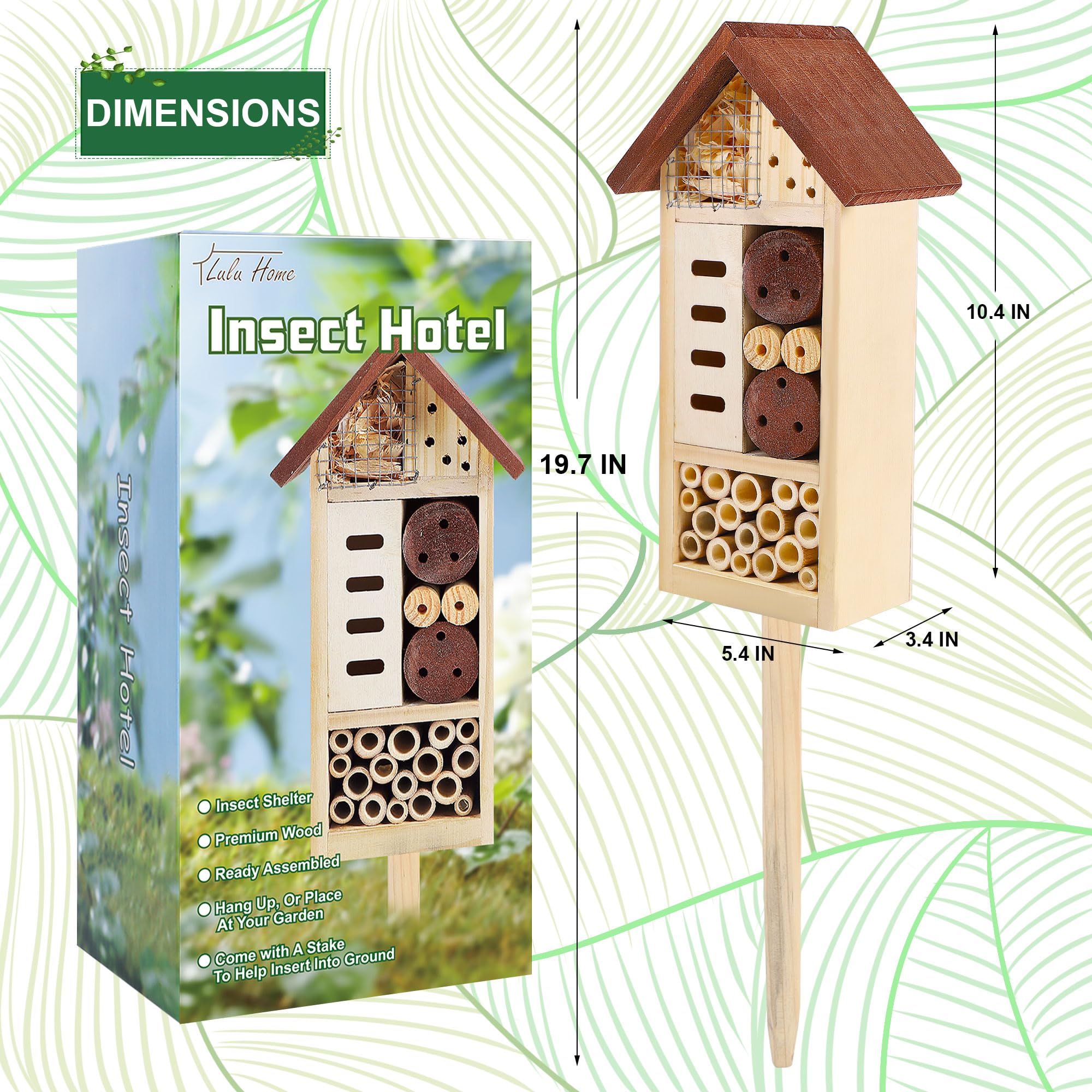 Side view of Lulu Home Wooden Insect House showing compartments