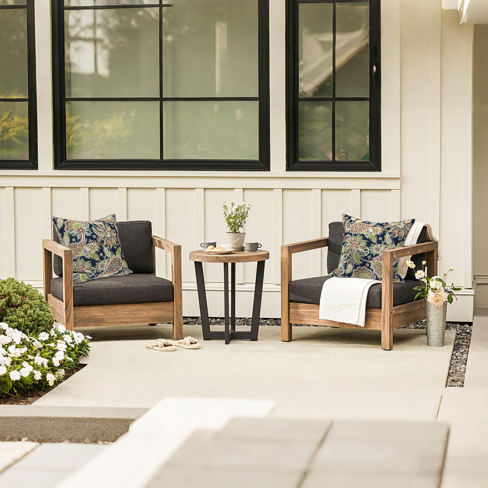 Side view of LVTXIII 20x20 decorative pillows outdoors