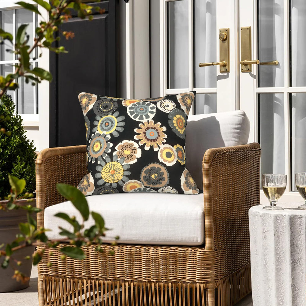 Side view of LVTXIII outdoor pillow cover with vibrant pattern