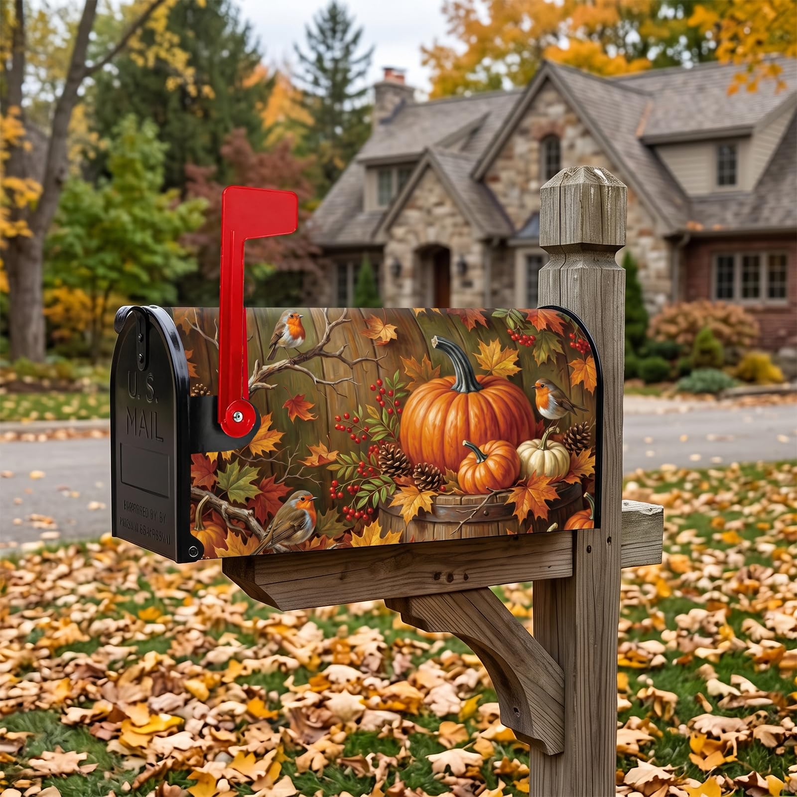 Side view of mailbox featuring VISSTREE autumn pumpkin cover