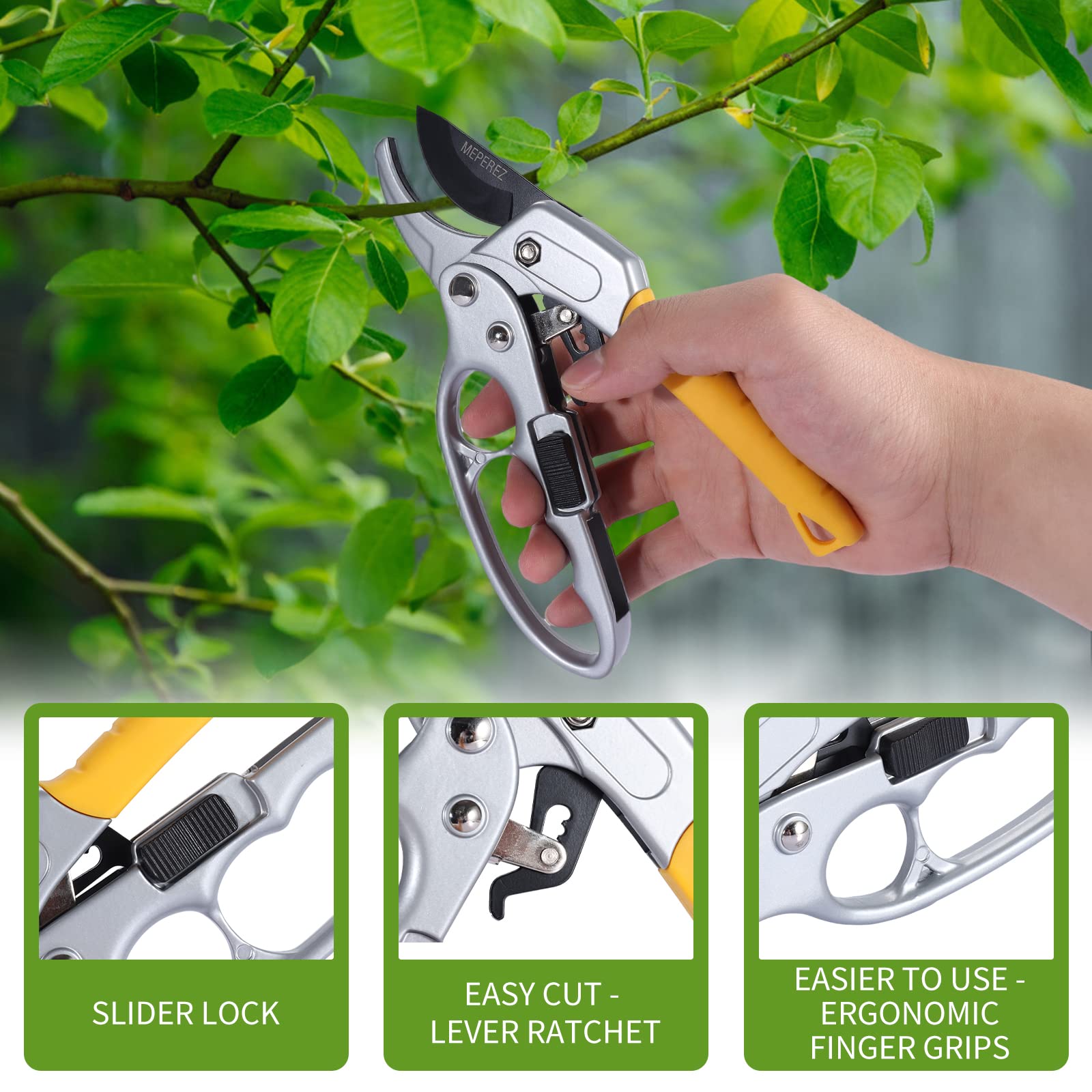 Side view of MEPEREZ pruning shears showcasing ergonomic handle