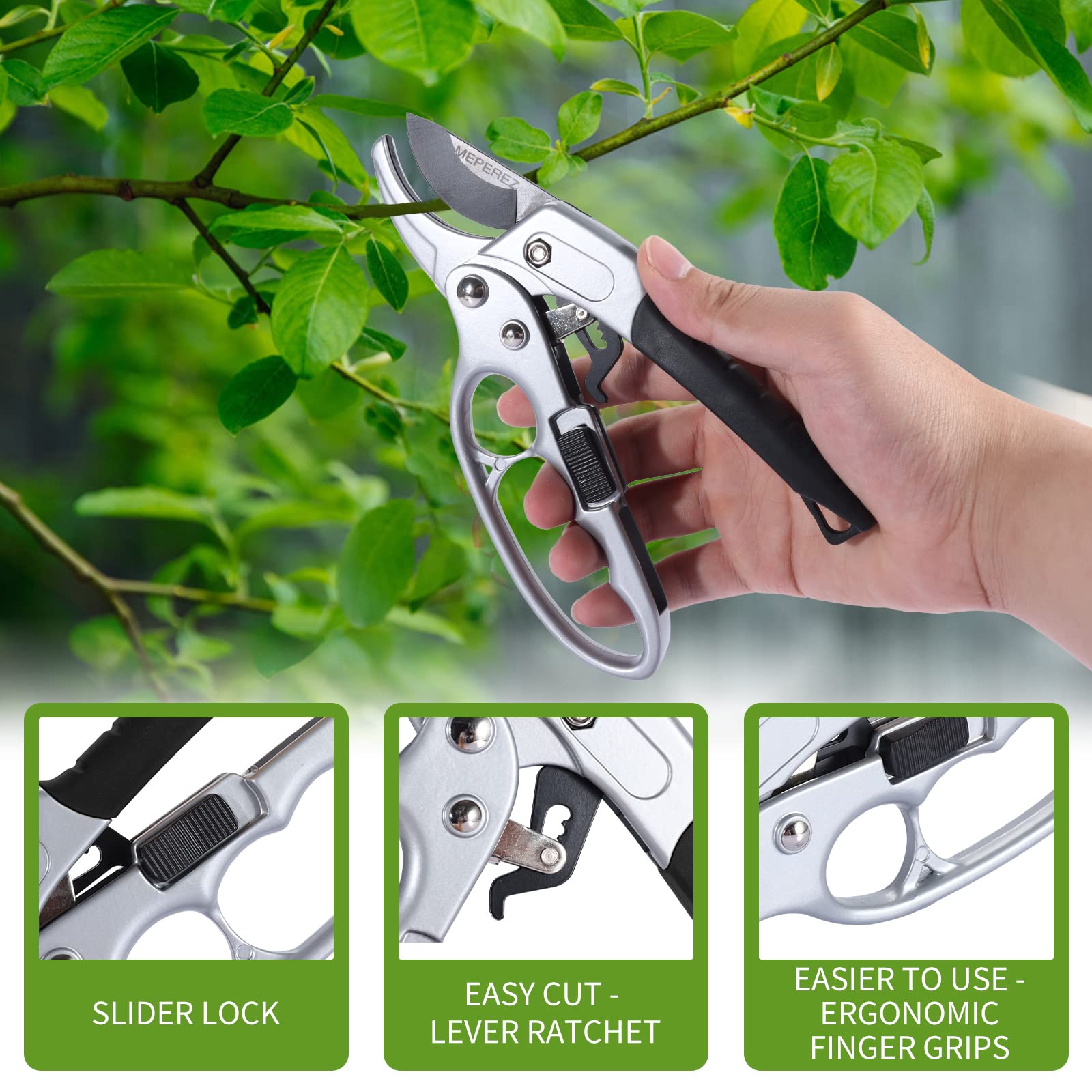 Side view of MEPEREZ pruning shears showing ergonomic handle