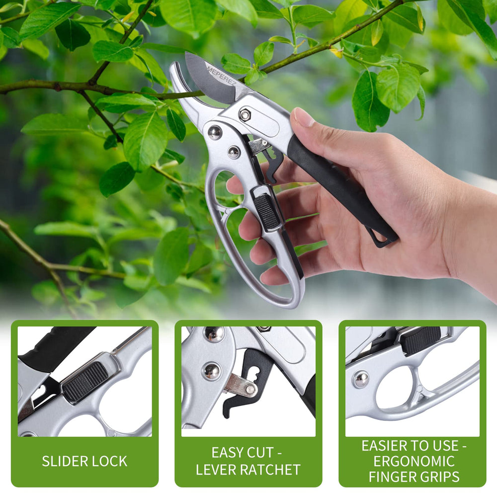 Side view of MEPEREZ pruning shears showing ergonomic handle