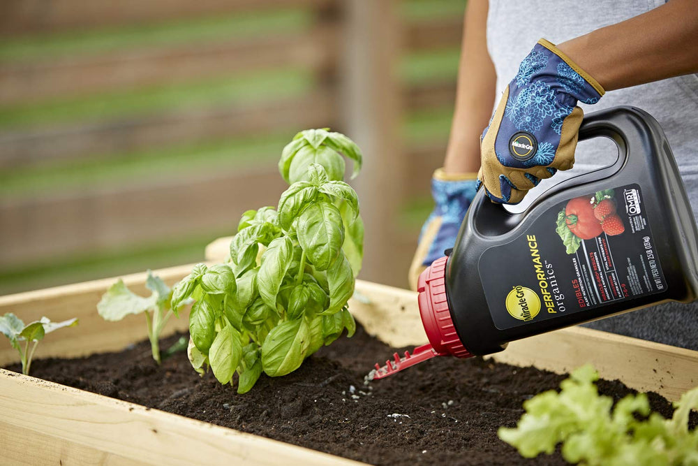 Side view of Miracle-Gro Performance Organics Edibles Plant Nutrition Granules packaging