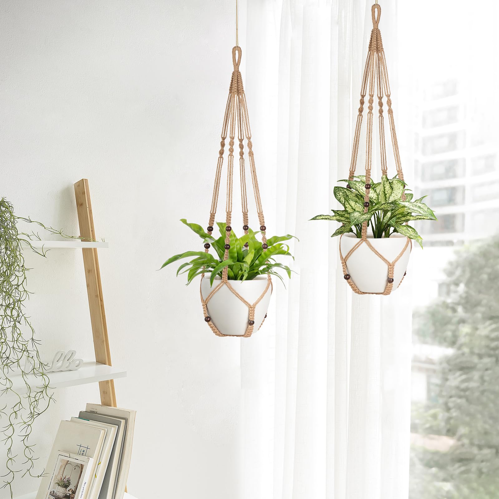 Side view of Mkono macrame plant hanger showcasing its design