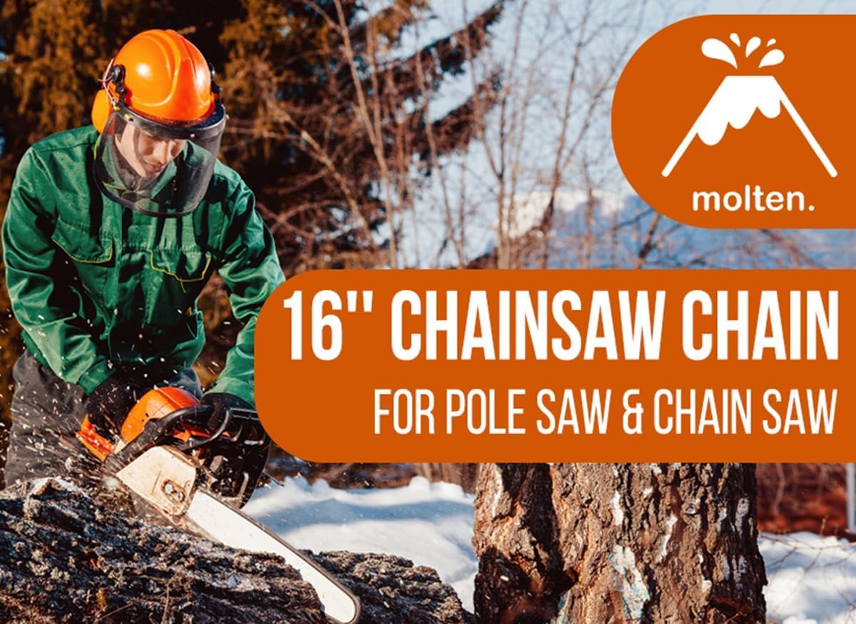 Side view of Molten 16 Inch Chainsaw Chain with specifications
