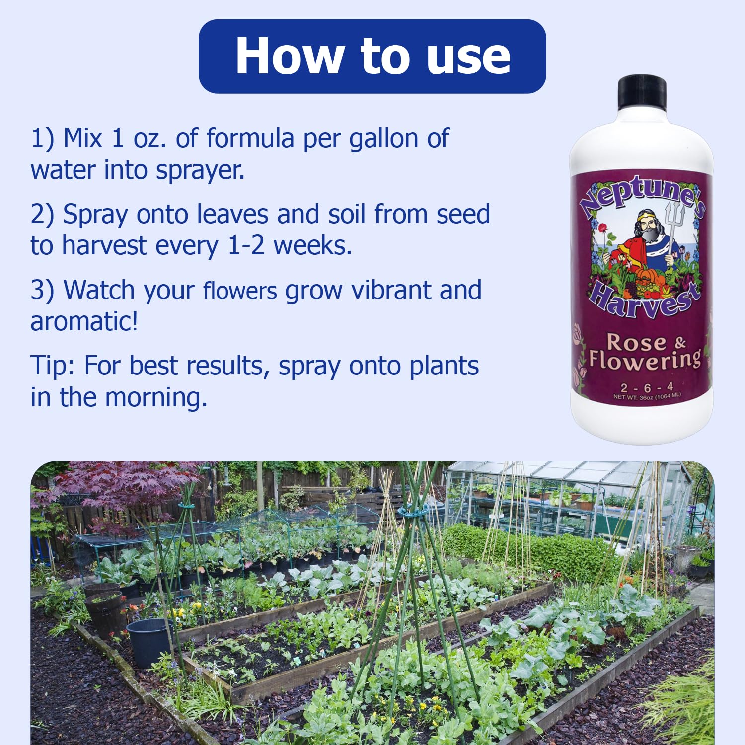 Side view of Neptune's Harvest Rose & Flowering Fertilizer bottle showing measurement marks