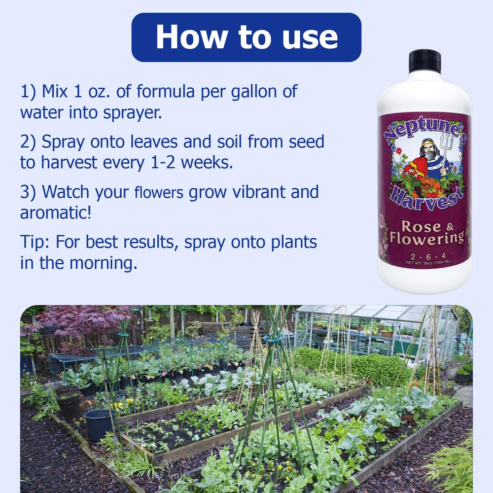 Side view of Neptune's Harvest Rose & Flowering Fertilizer bottle showing measurement marks