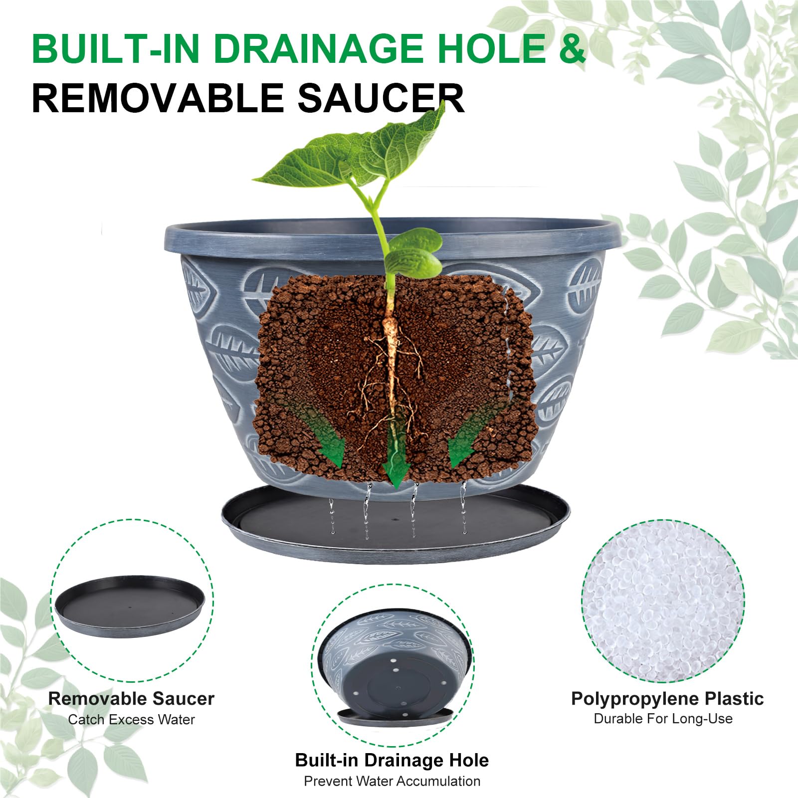 Side view of Nooulap flower pot with saucer