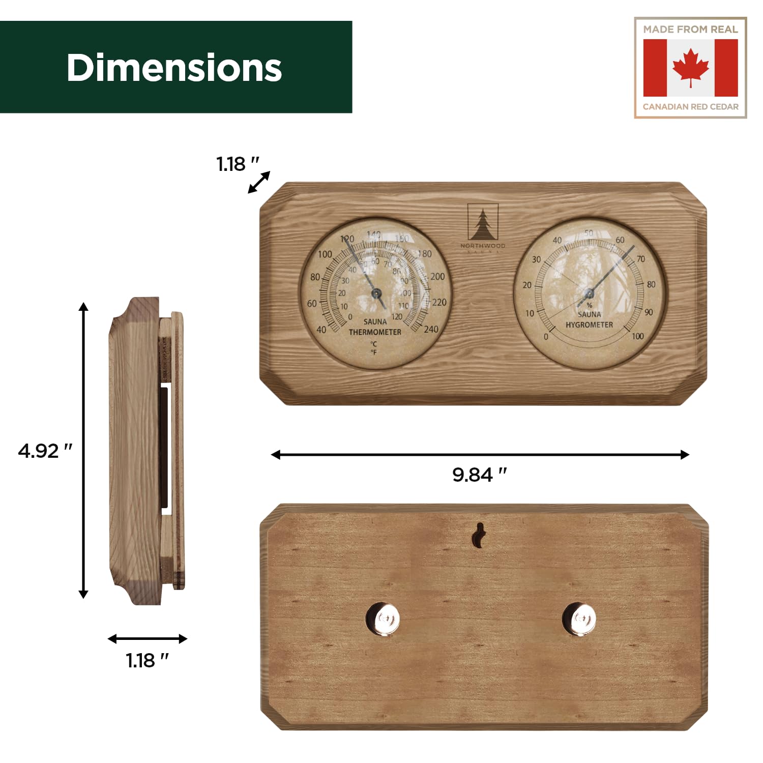 Side view of Northwood Sauna Thermometer and Hygrometer showing cedar wood finish