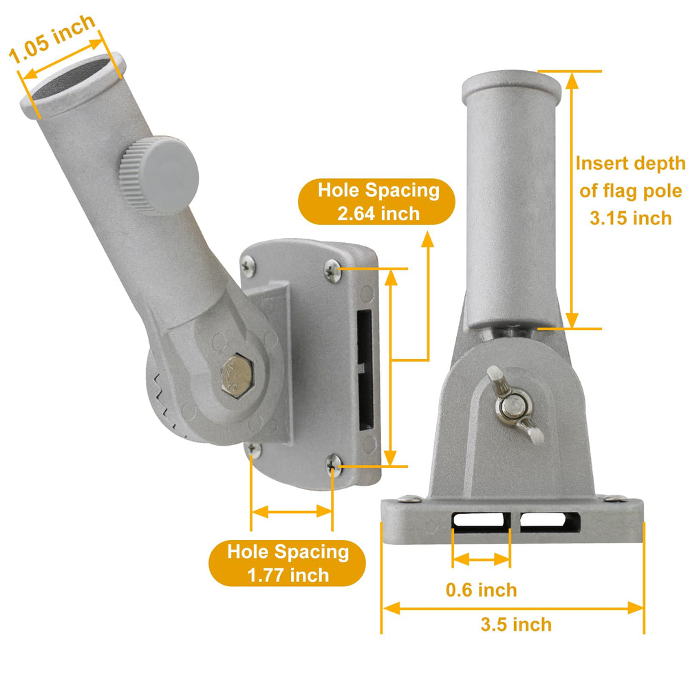 Side view of NQ flag pole holder showing multiple angle adjustments