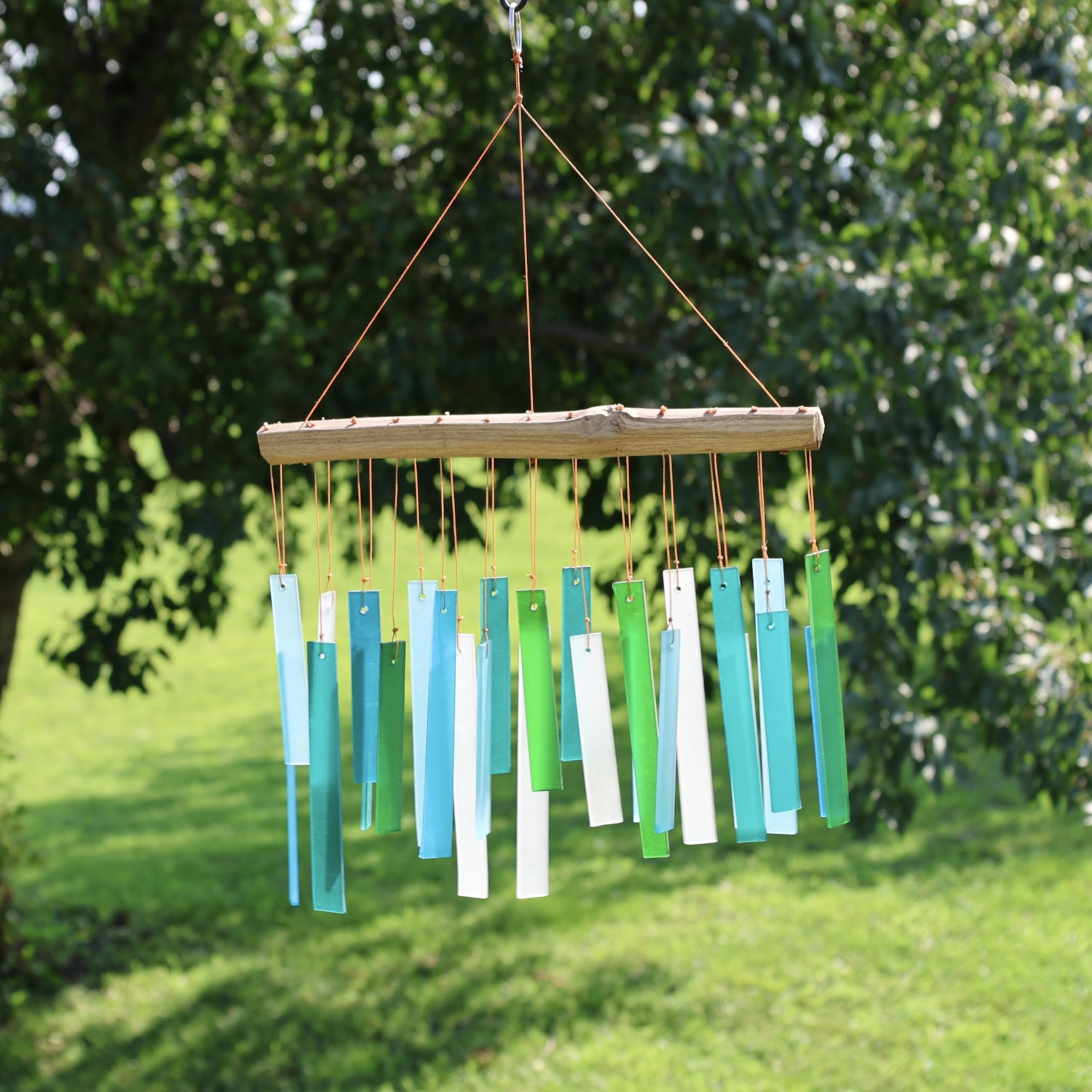 Side view of Ocean Blue Sea Glass Driftwood Wind Chime