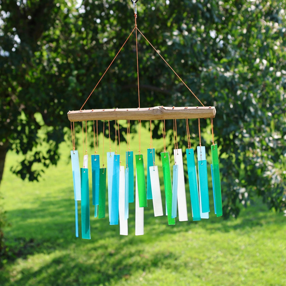 Side view of Ocean Blue Sea Glass Driftwood Wind Chime