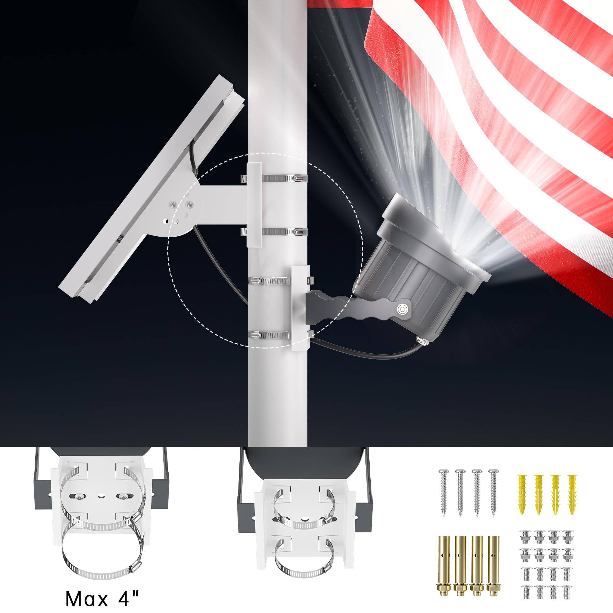 Side view of Ofuray Solar Flag Pole Light with bracket