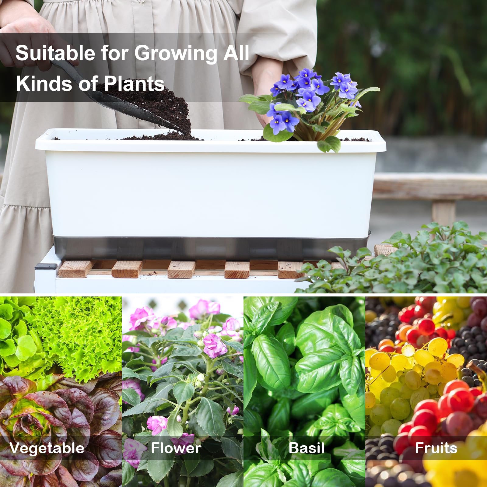 Side view of Oliz 17 inch white planter with tray