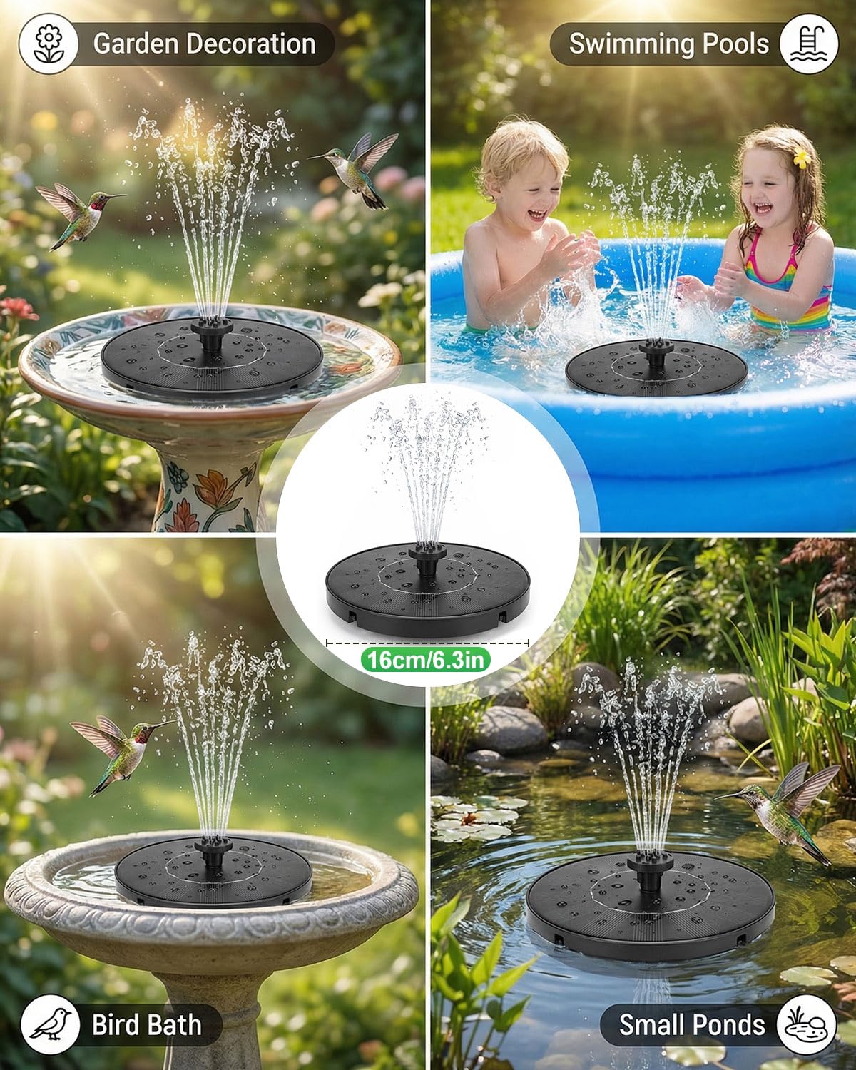 Side view of Olutula Solar Fountain installed in birdbath