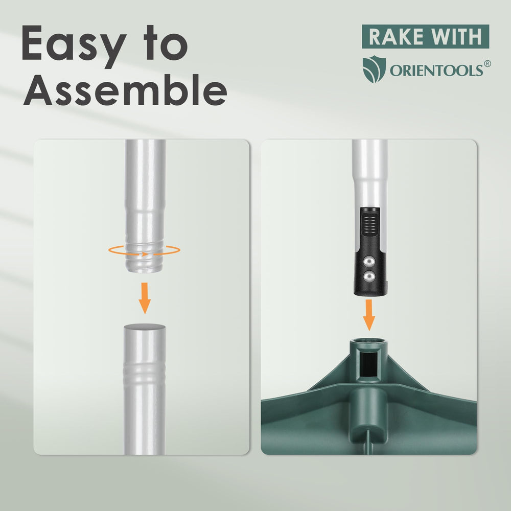 Side view of ORIENTOOLS Artificial Turf Rake showing sections