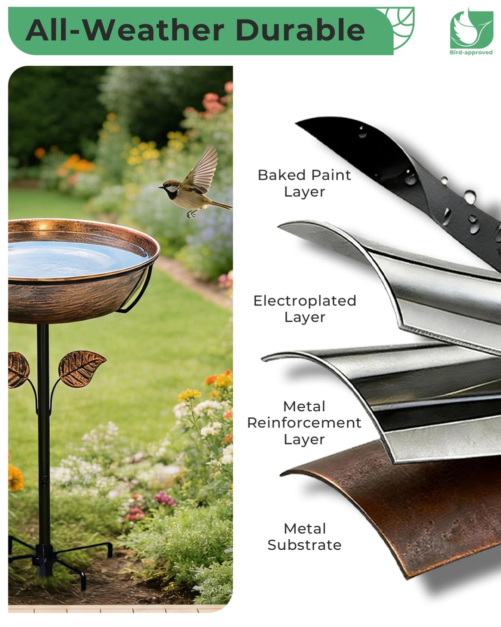 Side view of OUISJYER bird bath showing stake