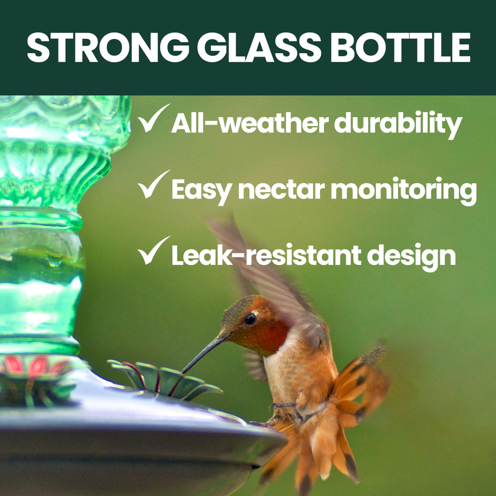 Side view of Perky-Pet Antique Glass Bottle Hummingbird Feeder showing feeding ports