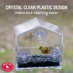 Side view of Perky-Pet Window Bird Feeder mounted on a window