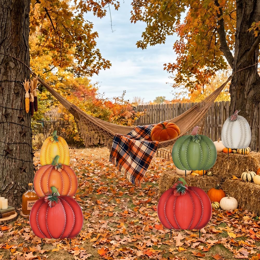Side view of PHITRIC pumpkin garden stakes with maple leaves