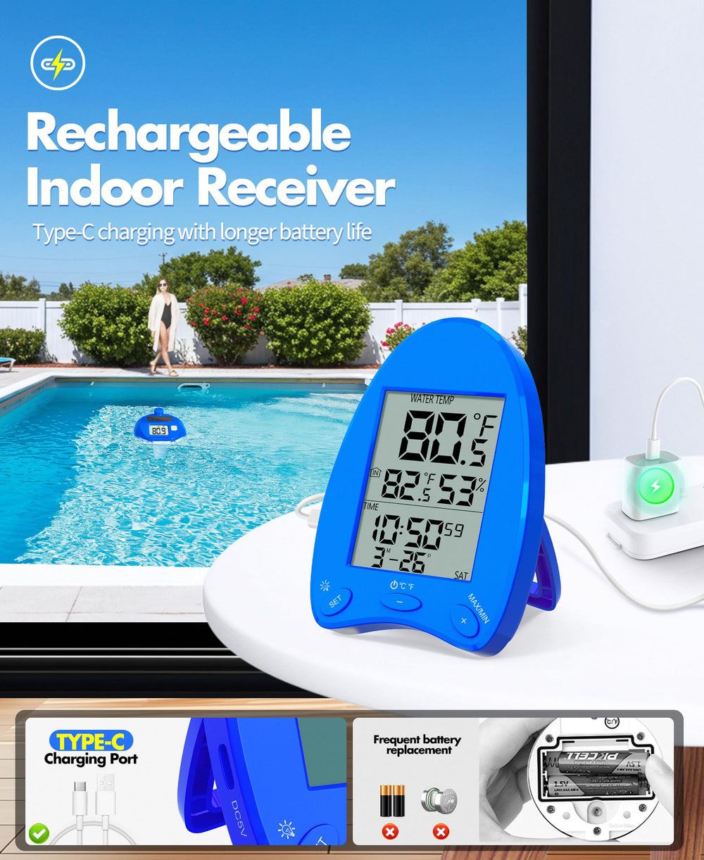 Side view of PoolLeader thermometer highlighting Type-C charging port