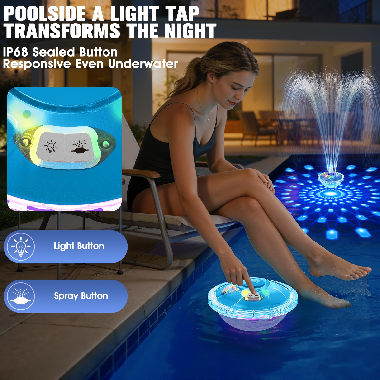 Side view of PoolPop floating fountain with anchor