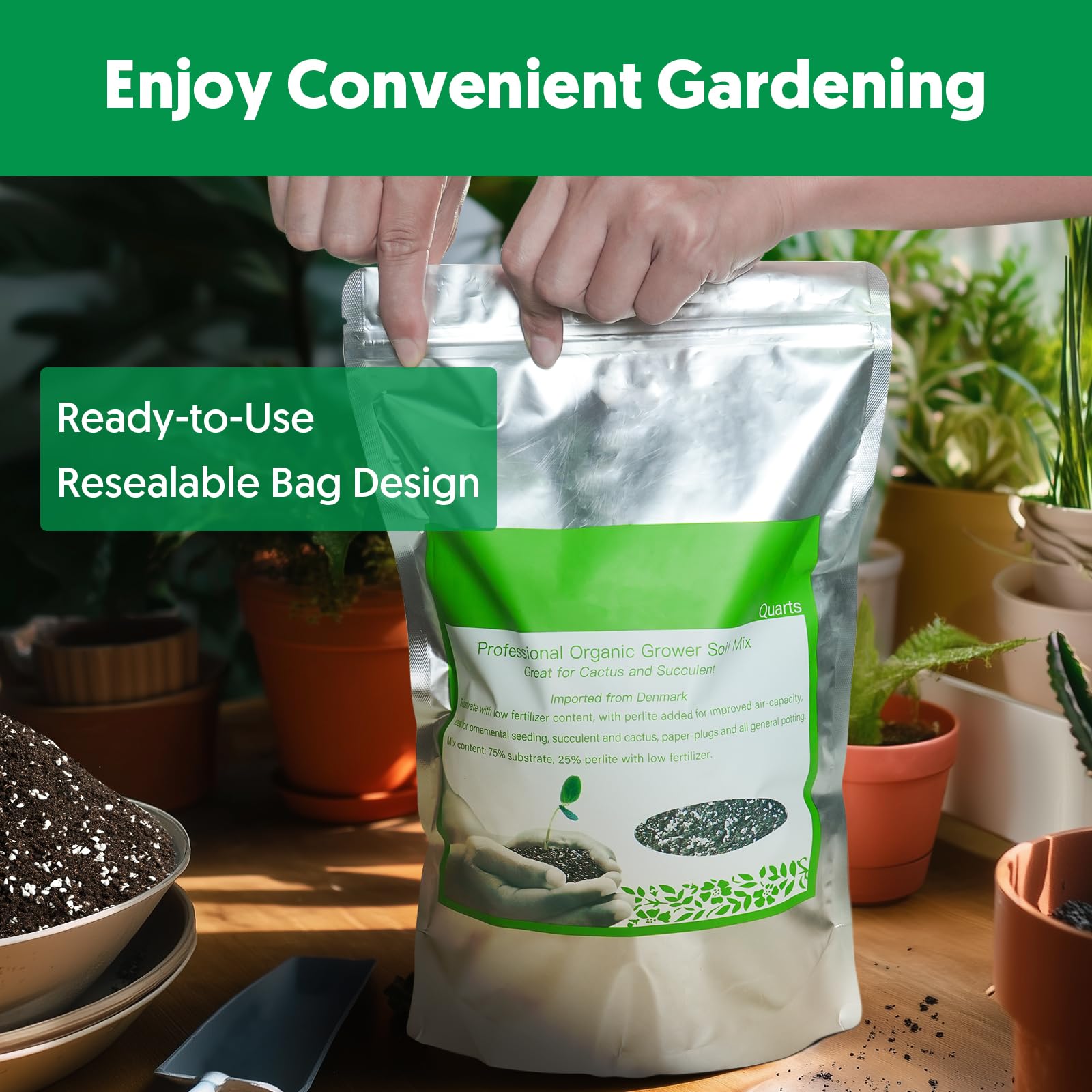 Side view of potting soil mix in resealable packaging