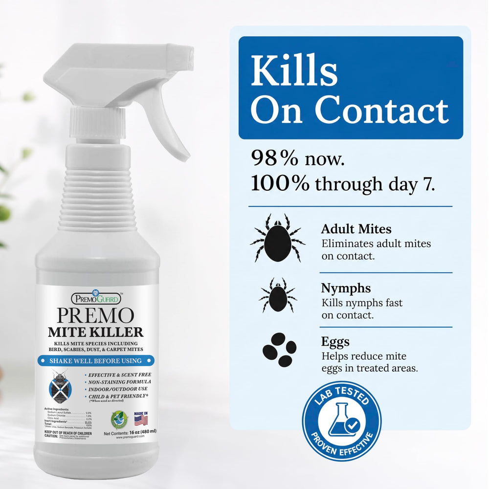 Side view of Premo Guard Natural Mite Spray with label