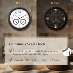 Side view of Presentime 18 Inch Outdoor Clock showing thermometer and hygrometer