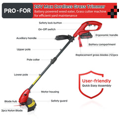 Side view of PRO-FOR 20V Grass Trimmer with nylon blades