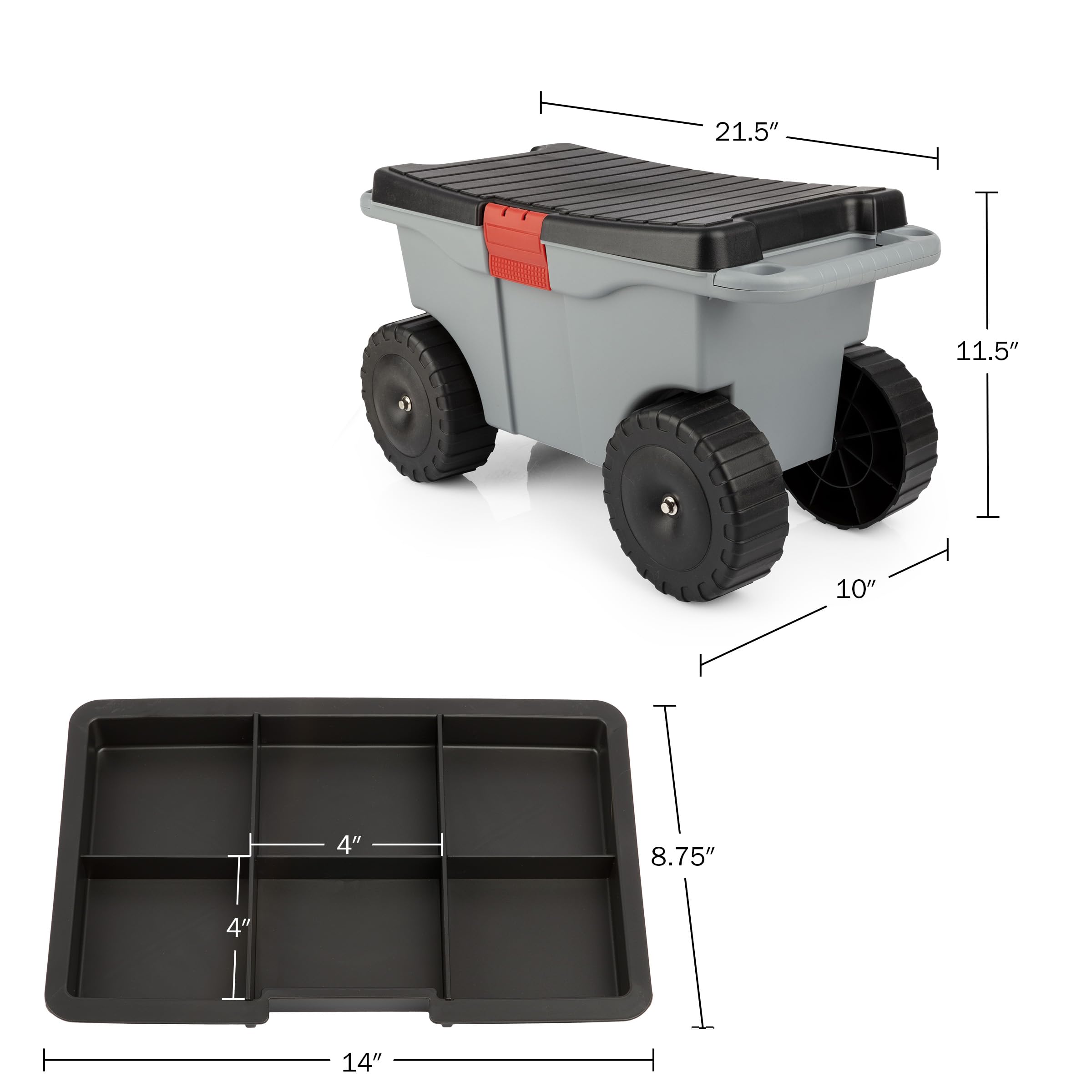 Side view of Pure Garden Rolling Garden Cart with tool tray