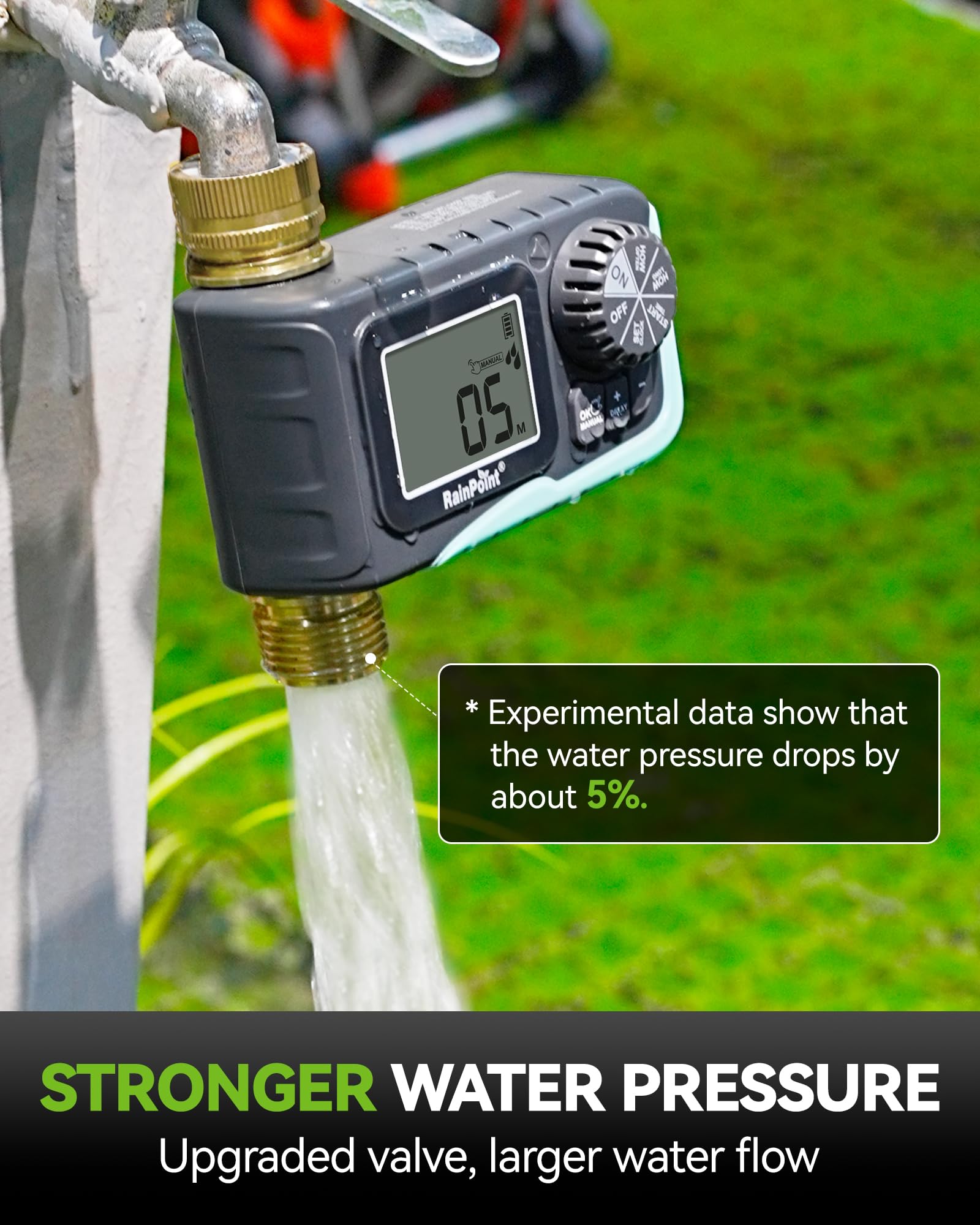 Side view of RAINPOINT Sprinkler Timer with garden hose attached