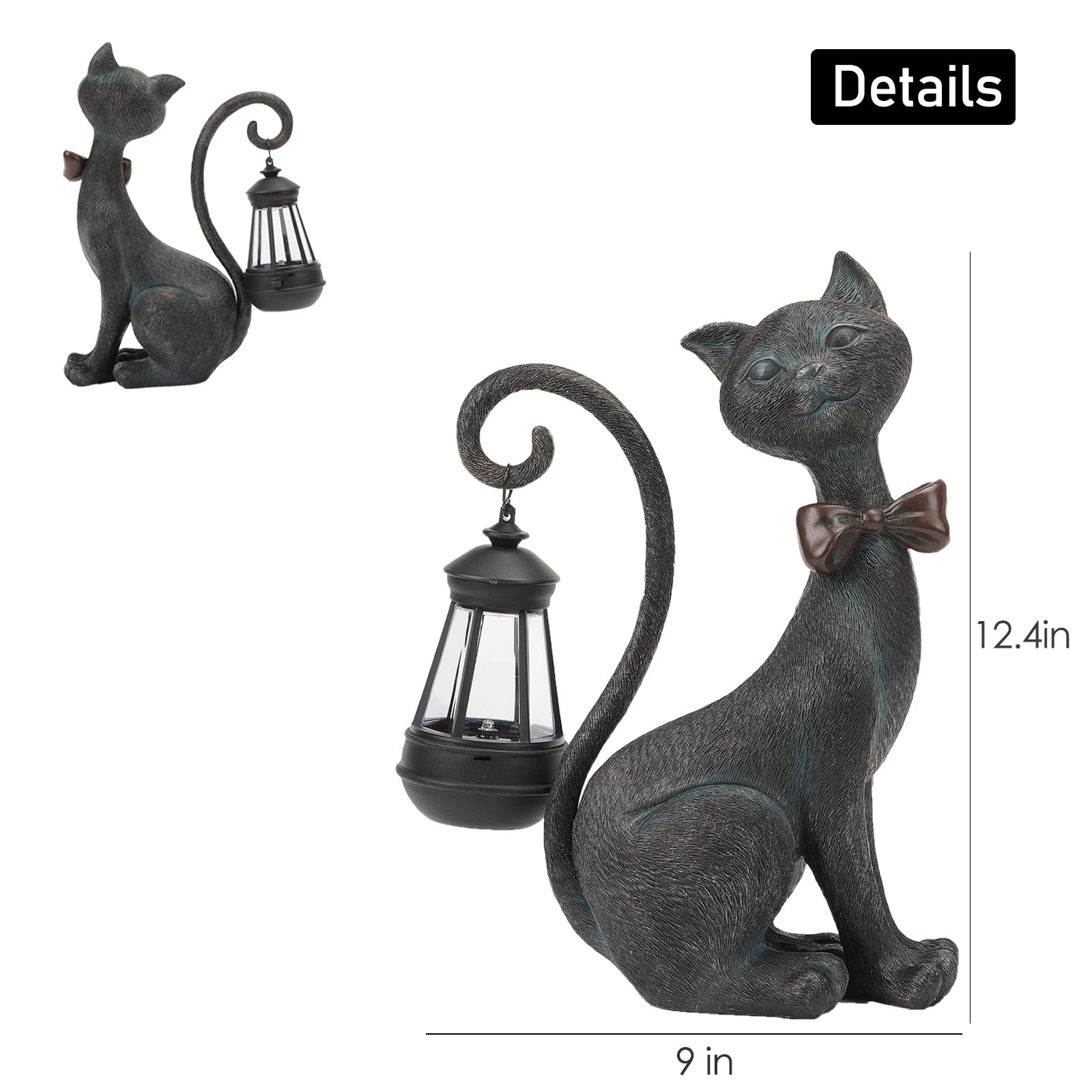 Side view of REYISO Cat Statue showing intricate detailing and solar light