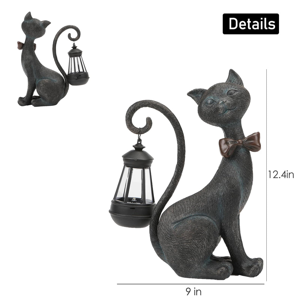 Side view of REYISO Cat Statue showing intricate detailing and solar light