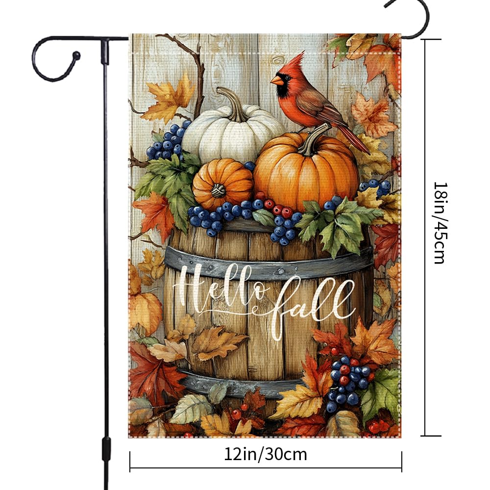 Side view of RMXJKIIU garden flag hanging on a stand