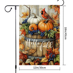 Side view of RMXJKIIU garden flag hanging on a stand