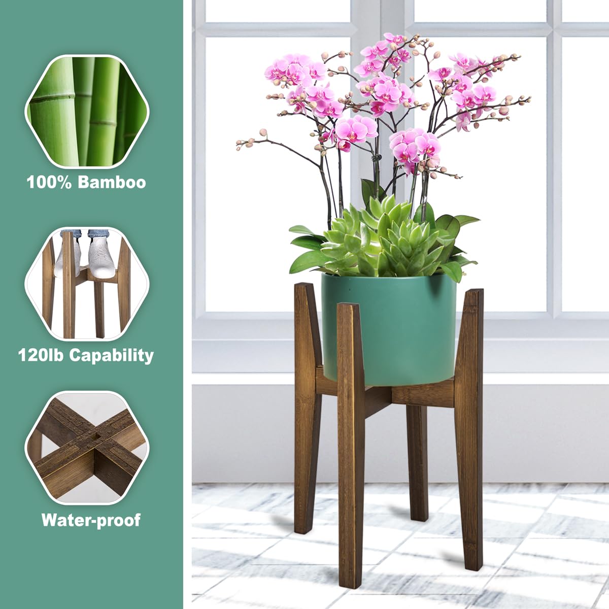 Side view of Rnined Bamboo Plant Stand with plants