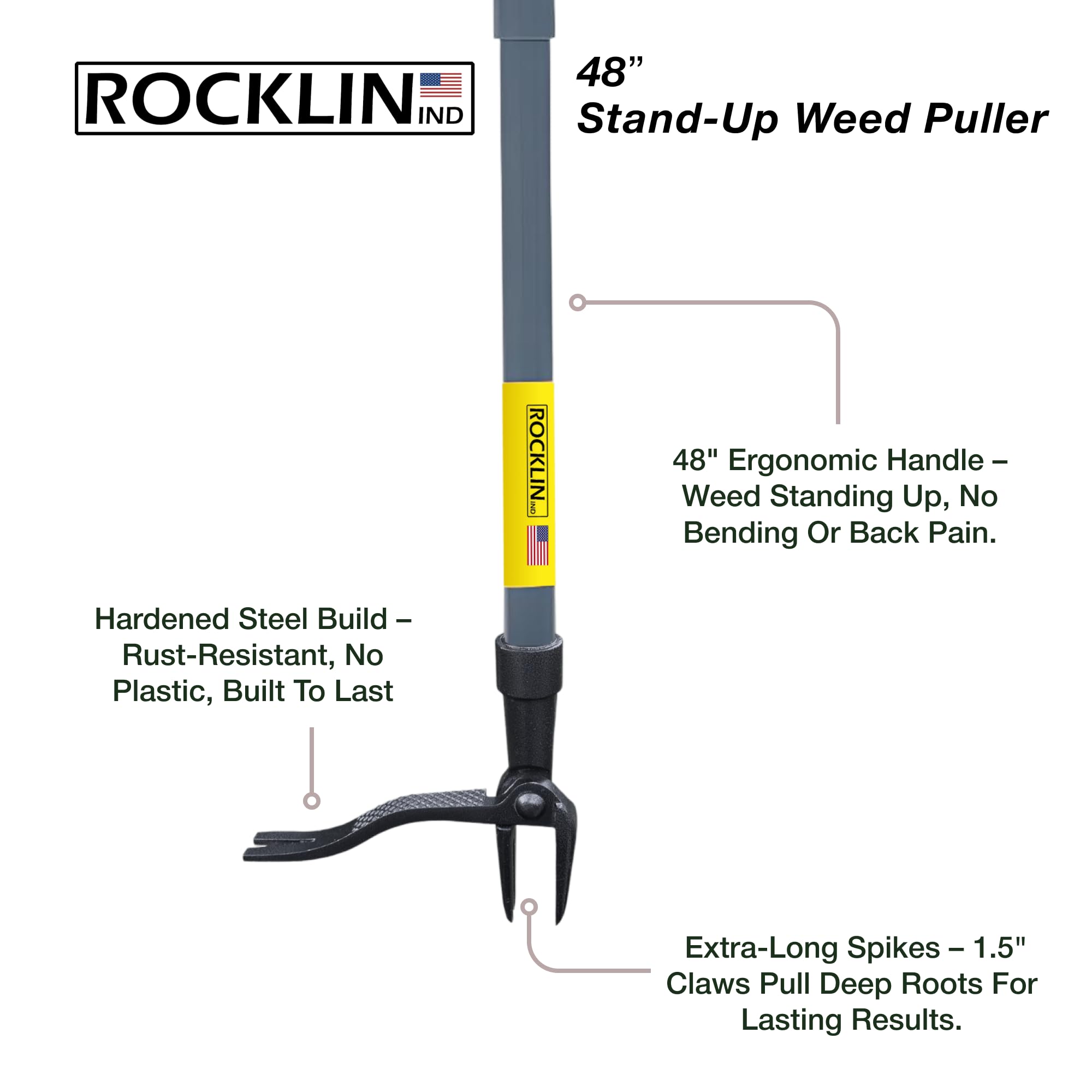 Side view of Rocklin Stand Up Weed Puller showing 48-inch handle