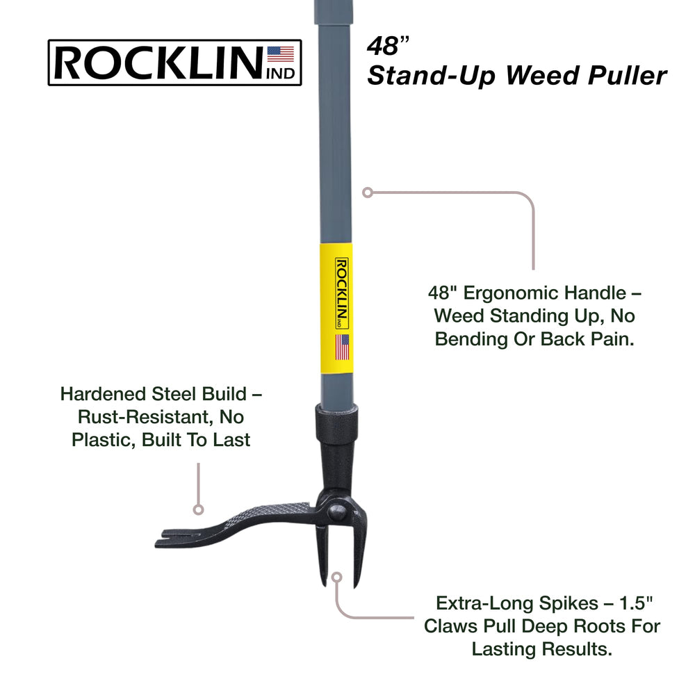 Side view of Rocklin Stand Up Weed Puller showing 48-inch handle