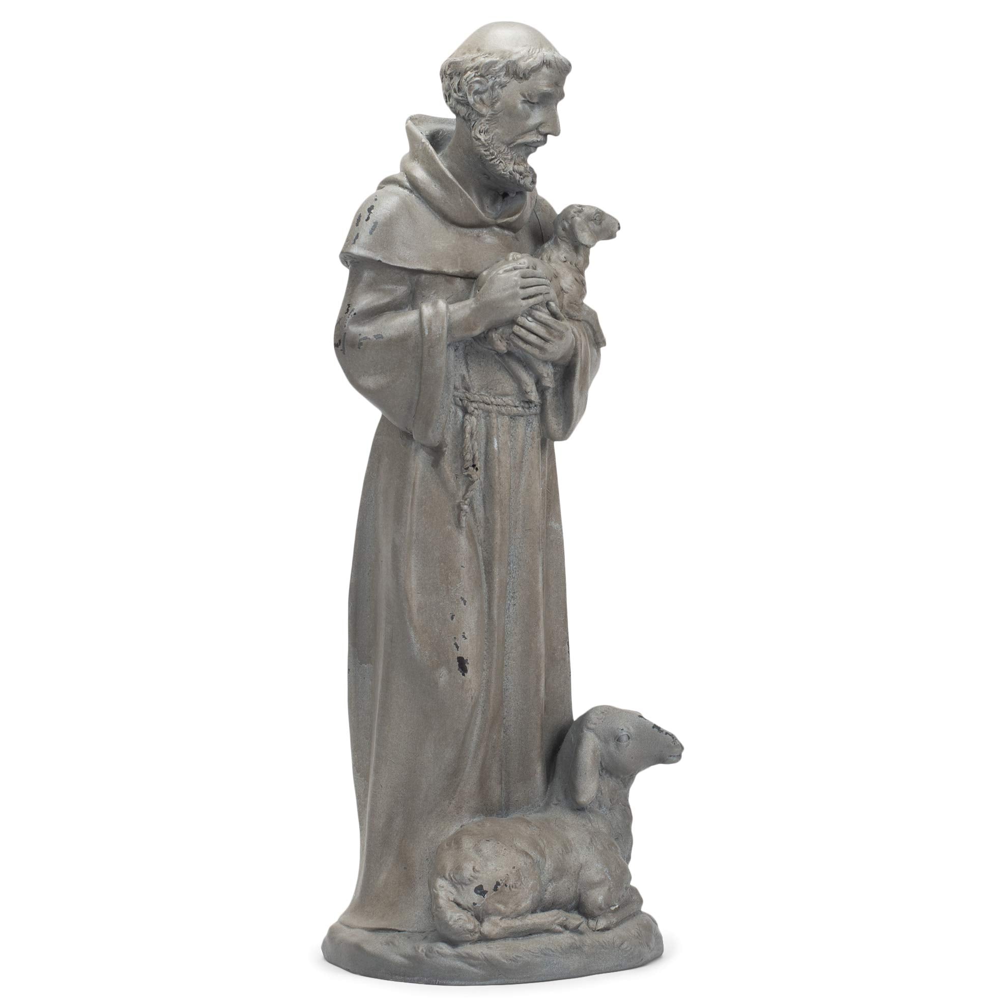 Side view of Roman Saint Francis Garden Statue in garden